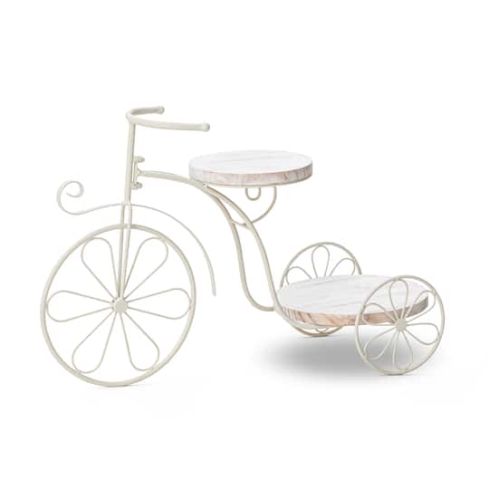 Glitzhome&#xAE; 24&#x22; White Metal Tricycle Planter Stand with Solid Wood Tray